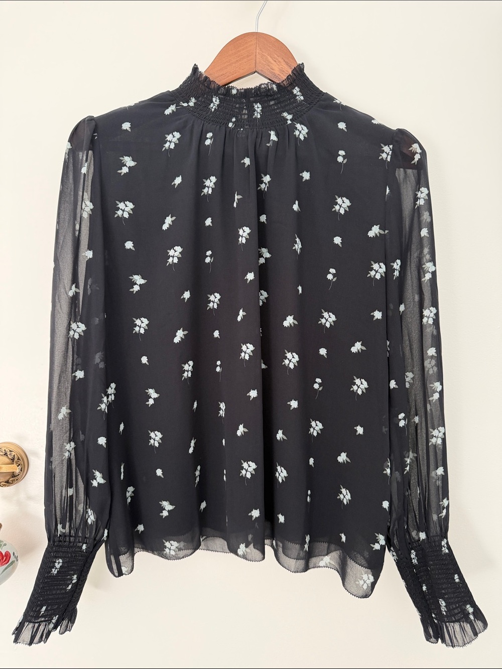 Wilfred Black Floral Smocked Neck Long Sleeve Blouse Size M